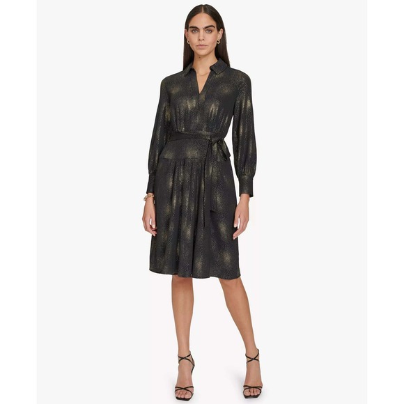 Calvin Klein Black Gold Collared Long‎ Sleeve A-Line Dress Tie Belt Size 10